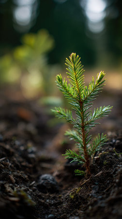 Norway spruce with small fresh leaves, growing upright in fertile soil, sunlight filtering gently,...
