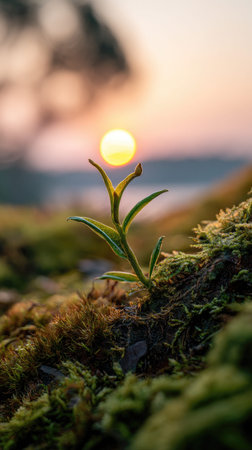 Photo of a young Agarwood growing on moss at sunrise, symbolizing hope and new beginnings.