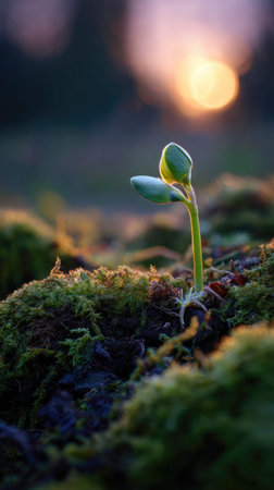 Photo of a young Broad bean growing on moss at sunrise, symbolizing hope and new beginnings.