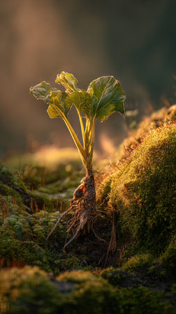 Photo of a young Burdock root growing on moss at sunrise, symbolizing hope and new beginnings.