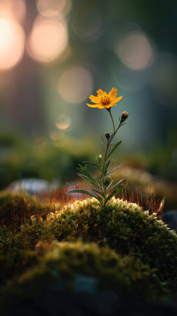 Photo of a young Coreopsis growing on moss at sunrise, symbolizing hope and new beginnings.の写真素材