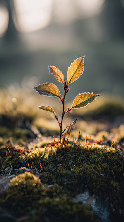 Photo of a young Beech growing on moss at sunrise, symbolizing hope and new beginnings.