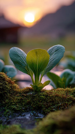 Photo of a young Bok choy growing on moss at sunrise, symbolizing hope and new beginnings.