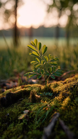 Photo of a young Black locust growing on moss at sunrise, symbolizing hope and new beginnings.