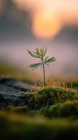 Photo of a young Dill growing on moss at sunrise, symbolizing hope and new beginnings.