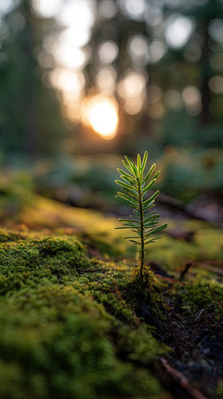 Photo of a young Cedar growing on moss at sunrise, symbolizing hope and new beginnings.