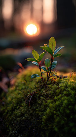 Photo of a young Chokeberry growing on moss at sunrise, symbolizing hope and new beginnings.の写真素材
