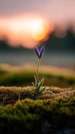 Photo of a young Chicory growing on moss at sunrise, symbolizing hope and new beginnings.