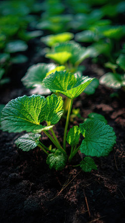 Wasabi with small fresh leaves, growing upright in fertile soil, sunlight filtering gently,...