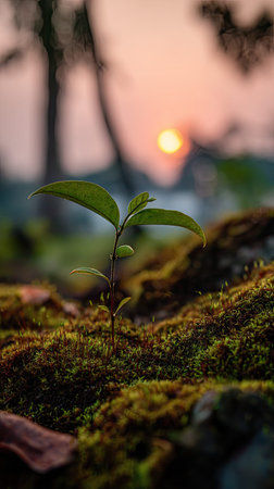 Photo of a young Cinnamon tree growing on moss at sunrise, symbolizing hope and new beginnings.