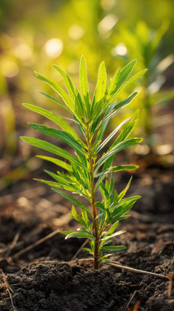 Sea buckthorn with small fresh leaves, growing upright in fertile soil, sunlight filtering gently,...