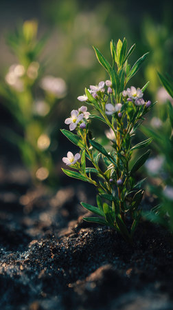 Waxflower with small fresh leaves, growing upright in fertile soil, sunlight filtering gently,...