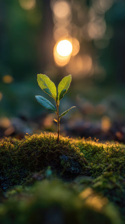 Photo of a young Curry leaf growing on moss at sunrise, symbolizing hope and new beginnings.