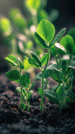 Snow pea shoots with small fresh leaves, growing upright in fertile soil, sunlight filtering gently, realistic textures, vibrant green tones, natural photography style, wide balanced compositionの写真素材