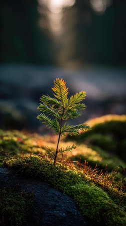 Photo of a young Dawn redwood growing on moss at sunrise, symbolizing hope and new beginnings.