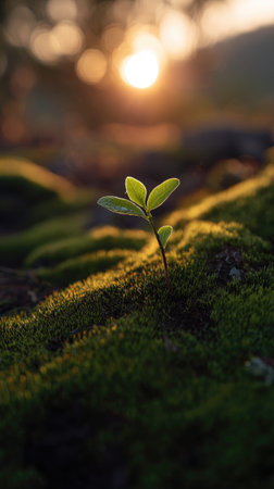 Photo of a young Desert lime growing on moss at sunrise, symbolizing hope and new beginnings.
