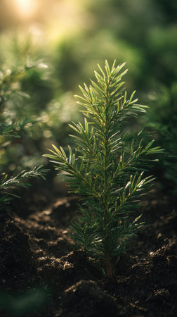 Spruce with small fresh leaves, growing upright in fertile soil, sunlight filtering gently,...