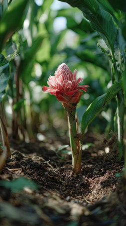 Torch ginger with small fresh leaves, growing upright in fertile soil, sunlight filtering gently,...