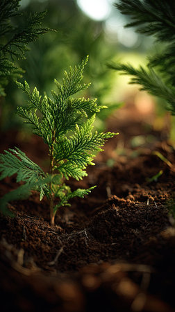 Western red cedar with small fresh leaves, growing upright in fertile soil, sunlight filtering...