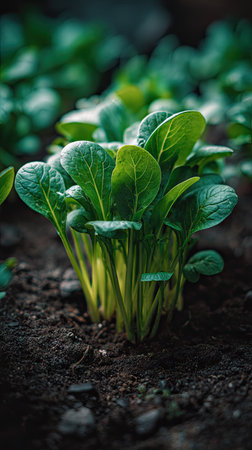 Tatsoi with small fresh leaves, growing upright in fertile soil, sunlight filtering gently, realistic textures, vibrant green tones, natural photography style, wide balanced compositionの写真素材