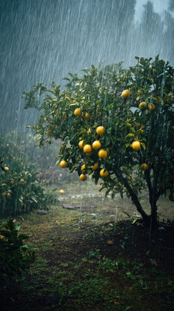 Citrus tree in a storm, heavy rain pouring down, strong winds twisting their leaves, natural.