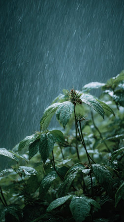 American ginseng in a storm, heavy rain pouring down, strong winds twisting their leaves, natural.