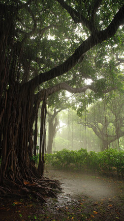 Banyan in a storm, heavy rain pouring down, strong winds twisting their leaves, natural.