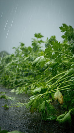 Celery in a storm, heavy rain pouring down, strong winds twisting their leaves, natural.の写真素材