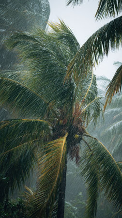 Coconut in a storm, heavy rain pouring down, strong winds twisting their leaves, natural.の写真素材