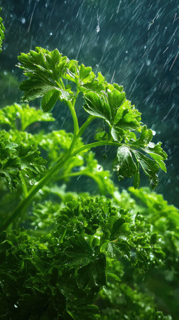 Parsley in a storm, heavy rain pouring down, strong winds twisting their leaves, natural.の写真素材