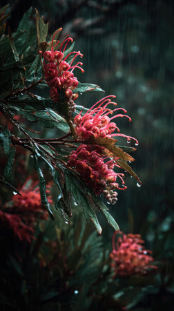 Grevillea in a storm, heavy rain pouring down, strong winds twisting their leaves, natural.