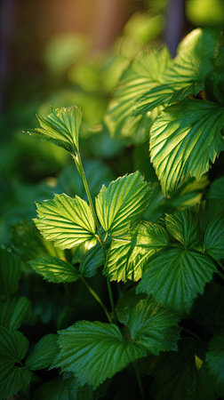 The Ginseng in spring, fresh green leaves, soft sunlight filtering, vibrant atmosphere full of...