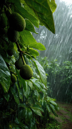Jackfruit in a storm, heavy rain pouring down, strong winds twisting their leaves, natural.