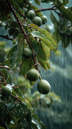 Guava in a storm, heavy rain pouring down, strong winds twisting their leaves, natural.の写真素材