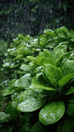 Sorrel in a storm, heavy rain pouring down, strong winds twisting their leaves, natural.