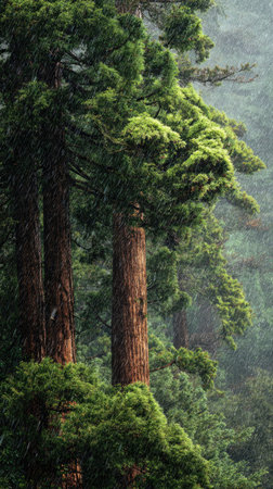 Redwood in a storm, heavy rain pouring down, strong winds twisting their leaves, natural.