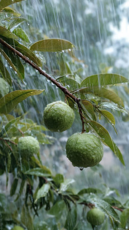 Bael fruit in a storm, heavy rain pouring down, strong winds twisting their leaves, natural.の写真素材