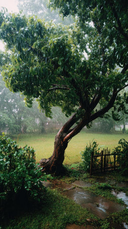 Mulberry tree in a storm, heavy rain pouring down, strong winds twisting their leaves, natural.の写真素材