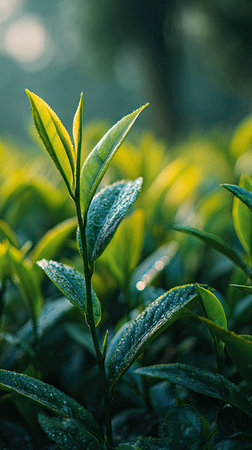 The Black tea in spring, fresh green leaves, soft sunlight filtering, vibrant atmosphere full of vitality, natural textures, serene mood P.の写真素材