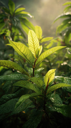 The Guayusa in spring, fresh green leaves, soft sunlight filtering, vibrant atmosphere full of...