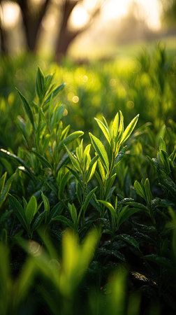 The Rooibos in spring, fresh green leaves, soft sunlight filtering, vibrant atmosphere full of...