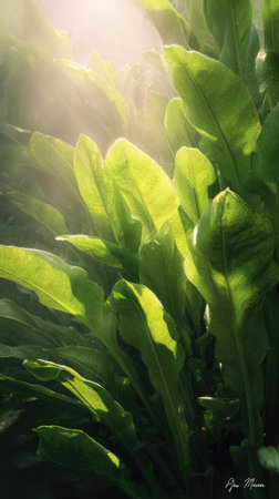 The Plantain in spring, fresh green leaves, soft sunlight filtering, vibrant atmosphere full of...