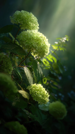 The Hydrangea in spring, fresh green leaves, soft sunlight filtering, vibrant atmosphere full of...