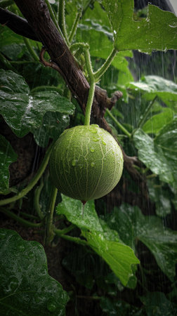 Winter melon in a storm, heavy rain pouring down, strong winds twisting their leaves, natural.の写真素材
