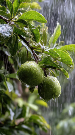 Water apple in a storm, heavy rain pouring down, strong winds twisting their leaves, natural.の写真素材