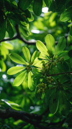 The Breadnut in spring, fresh green leaves, soft sunlight filtering, vibrant atmosphere full of...