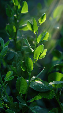 The Snow pea shoots in spring, fresh green leaves, soft sunlight filtering, vibrant atmosphere full...