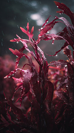 Red algae in a storm, heavy rain pouring down, strong winds twisting their leaves, natural.の写真素材