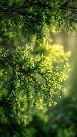 The Eastern red cedar in spring, fresh green leaves, soft sunlight filtering, vibrant atmosphere...