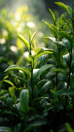 In spring, fresh green leaves, soft sunlight filtering, vibrant atmosphere full of vitality, natural textures, serene mood.の写真素材